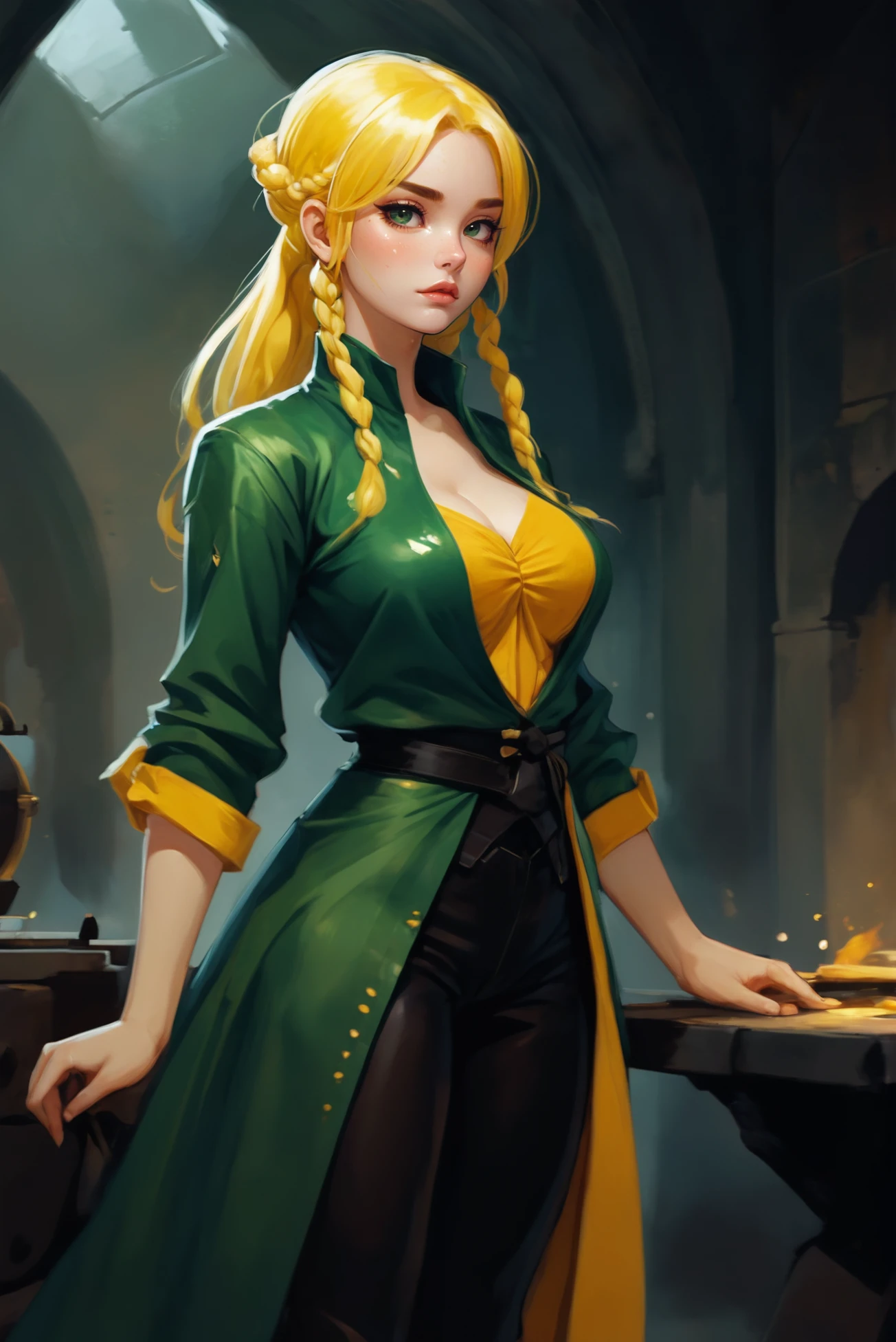 digital painting, anime, Simple Blacksmith, 1girl, woman, sorcerer, yellow hair, low-braided long hair, (full body:1.3), [:revealing costume design:0.2], bombshell hair, shiny color:lawngreen metal hair, half updo, slim figure, narrow waist, tight ass, medium breasts, (dark skin:1.3)<lora:EnvyMedievalInteriorXL01:0.75>