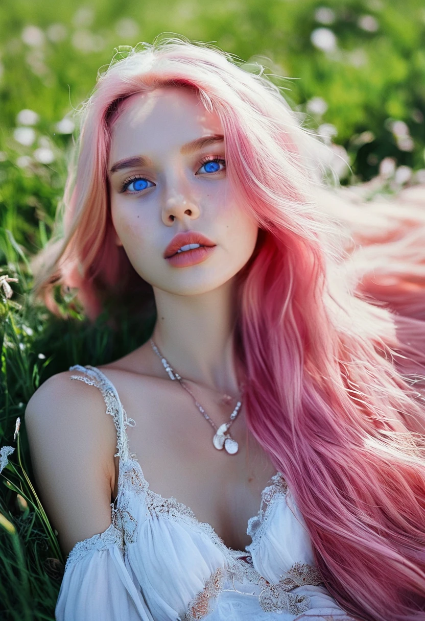 photorealistic, dal, photo,  1girl, solo, long hair, looking at viewer, blue eyes, hair ornament, dress, pink hair, flower, lying, hair flower, on back, necklace, white dress, mole, lips, grass, realistic, detailed background, film photography aesthetic, film grain, analog photography,  