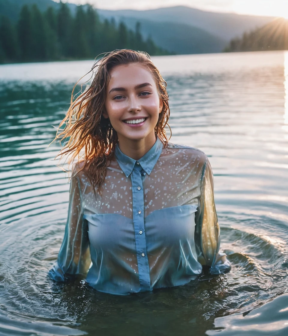 UHD, 4k, ultra detailed, cinematic, a photograph of a beautiful woman, emerging out of water detailed face, lake wet silk shirt (lofi, analog, gradient, lens flare), seducing smile, wet hair, in water, slim figure, <lora:wetgirl_v3:0.7>, by Brandon Woelfel