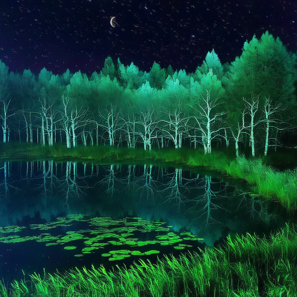 <lora:AborealNewNew:1>, HuemanAboreal2, Green Nature Night Photography Art