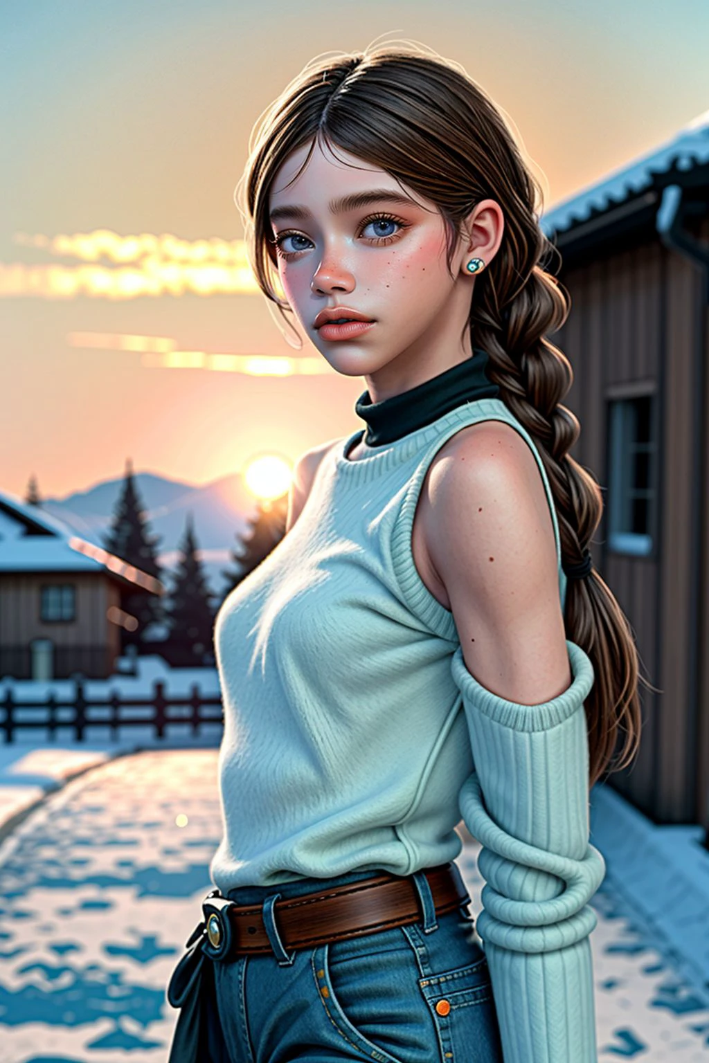 photo of IsabellA, PA7_Photo, Street photography, Gorgeous, early twenty, woman, Long hair, Straight hair, Brown hair, half up braid, Blue green eyes, Closed lips, Peach lips, Confident, Small breasts, Cold shoulder, Wide leg pants, Fill light, Rainbows, Sunset, Snowy, Wooden wall background, Hasselblad X1D II 50C, 100mm prime lens, Over-the-shoulder shot, BREAK PA7_Portrait-MS, Low angle, LLford HP5 Plus, Hologram effect, (((PA7_Human-Likeness)))
<lora:add_detail:0.5> <lora:polyhedron_all_eyes:0.2>