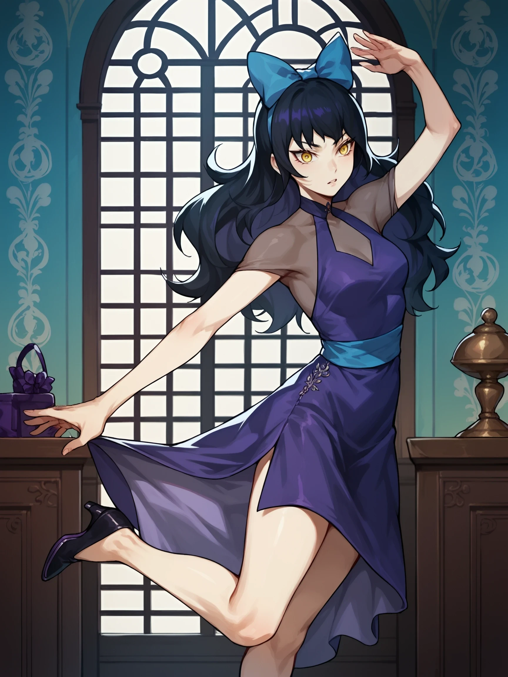 BlakeBelladonna, 1girl, solo, black hair, yellow eyes,  ((Balancing with one foot raised behind)), score_9, score_8_up, score_7_up, source_anime, masterpiece, ((detailed  background)), ((indoors)), dance room,

, BlakeDanceDress, short purple dress, blue bow, hair bow, high heels, black shoes, side slit