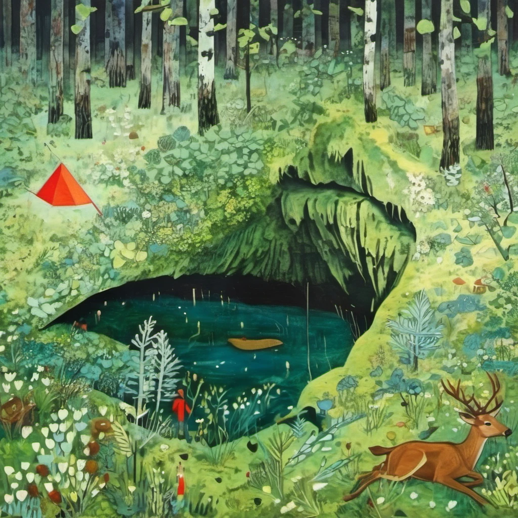 <lora:HuemanAboreal-000008:1>, HuemanAboreal, Nature Night Photography Painting, green moss cave, fire, deer, eye of providence, landscape, abstract nature art, blue river, white snowcap mountains, art by peter doig, art by gregory euclide