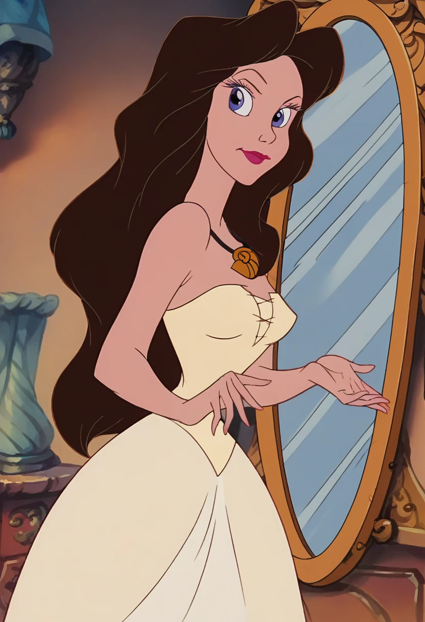score_9, score_8_up, score_7_up, score_6_up, animation, retro artstyle, disney style, 1 girl va79ssa, sfw,  <lora:Vanessa_pxl_V0.0:1> vanessa, white dress, looking at mirror, holding mirror, from waist up, close-up
<lora:Smooth Anime 2 Style SDXL_LoRA_Pony Diffusion V6 XL:0.5>
<lora:Disney_Renaissance:0.5>