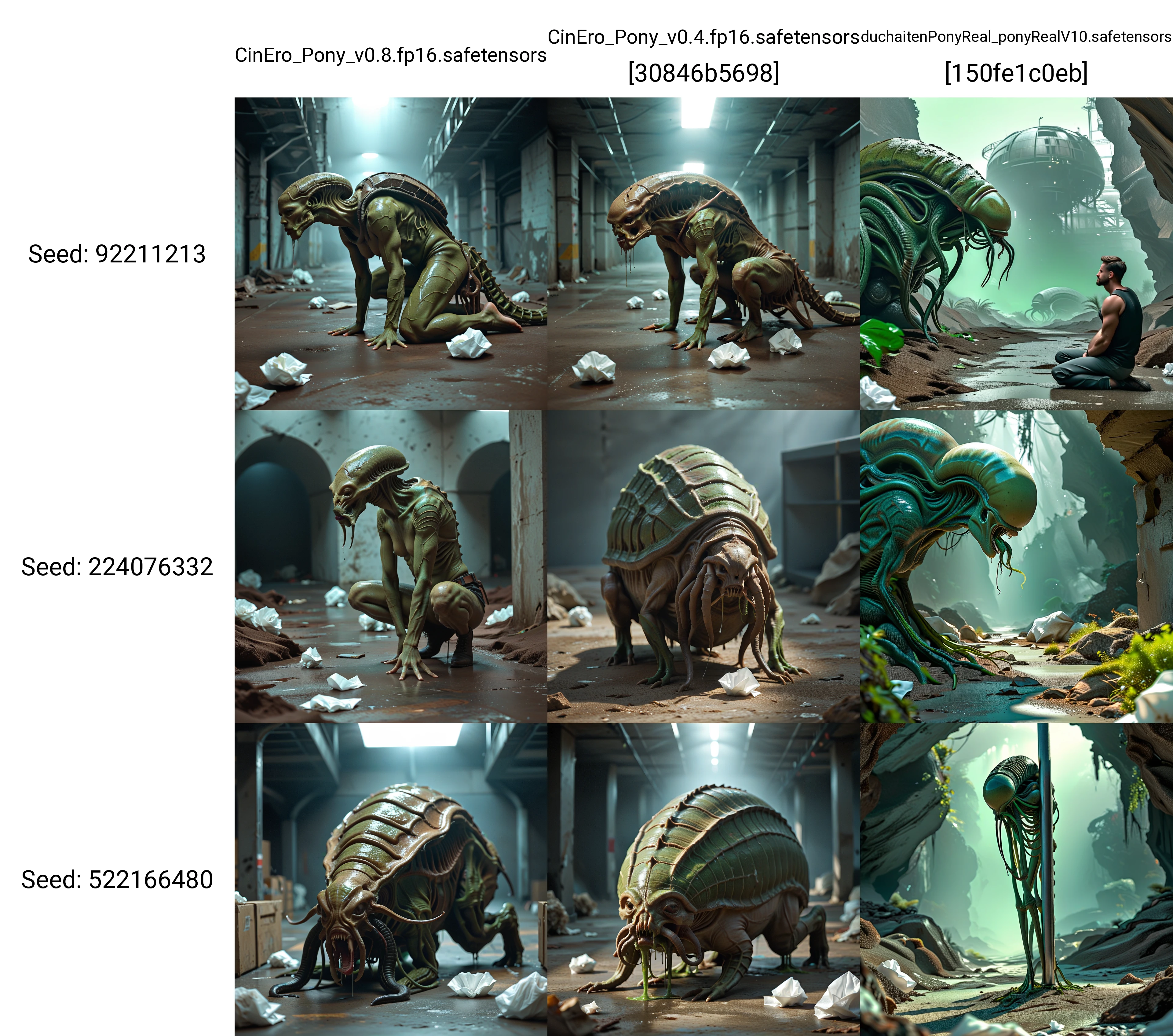 score_9, score_8_up, score_7_up, rating_explicit.
BREAK dystopian indoor sci-fi cinematic still, grotesque-looking alien creature that resembles a tadpole with milky ribbed skin adorned with a obsidian black pattern. Fidgeting in a green-brown organic slurry inside concrete bunker. Early morning natural light streaming through a narrow embrasure, soft shadows. Detailed observation of vile organoids and remains of alien organisms scattered around. The impression is that a massive alien creature has exploded from within, leaving behind remnants of tissue and a creepy-looking white tadpole-slug.
BREAK An unsettling alien creature is fidgeting in the center of the scene. This creature closely resembles a tadpole but with an otherworldly twist. Its skin is milky and ribbed, adorned with an black pattern. The creature appears to be in distress, possibly reacting to the environment around it.
BREAK The floor of the concrete bunker is coated with a thick, green-brown organic slurry. This slurry appears to be the remnants of the exploded alien creature, with bits of tissue and other organic matter scattered throughout. The texture is wet and slimy, adding to the overall grossness of the scene.
BREAK zPDXL2 <lora:Obsidianify-000015:0.1>