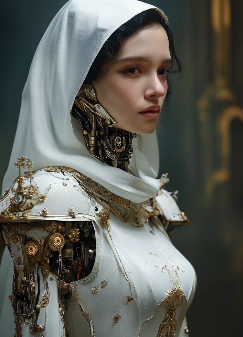 photorealistic, A masterpiece portrait of a Incredibly beautiful queer  maid barique renaissance swamp nun girl Assembling a large, complex android robot  medium shot, intricate, elegant, highly detailed. trending on artstation, digital art, by Stanley Artgerm Lau, WLOP, Rossdraws, James Jean, Andrei Riabovitchev, Marc Simonetti, Yoshitaka Amano. background by James Jean and Gustav Klimt, light by Julie Bell, 4k, porcelain skin. Studio Ghibli, detailed background, film photography aesthetic, film grain, analog photography,