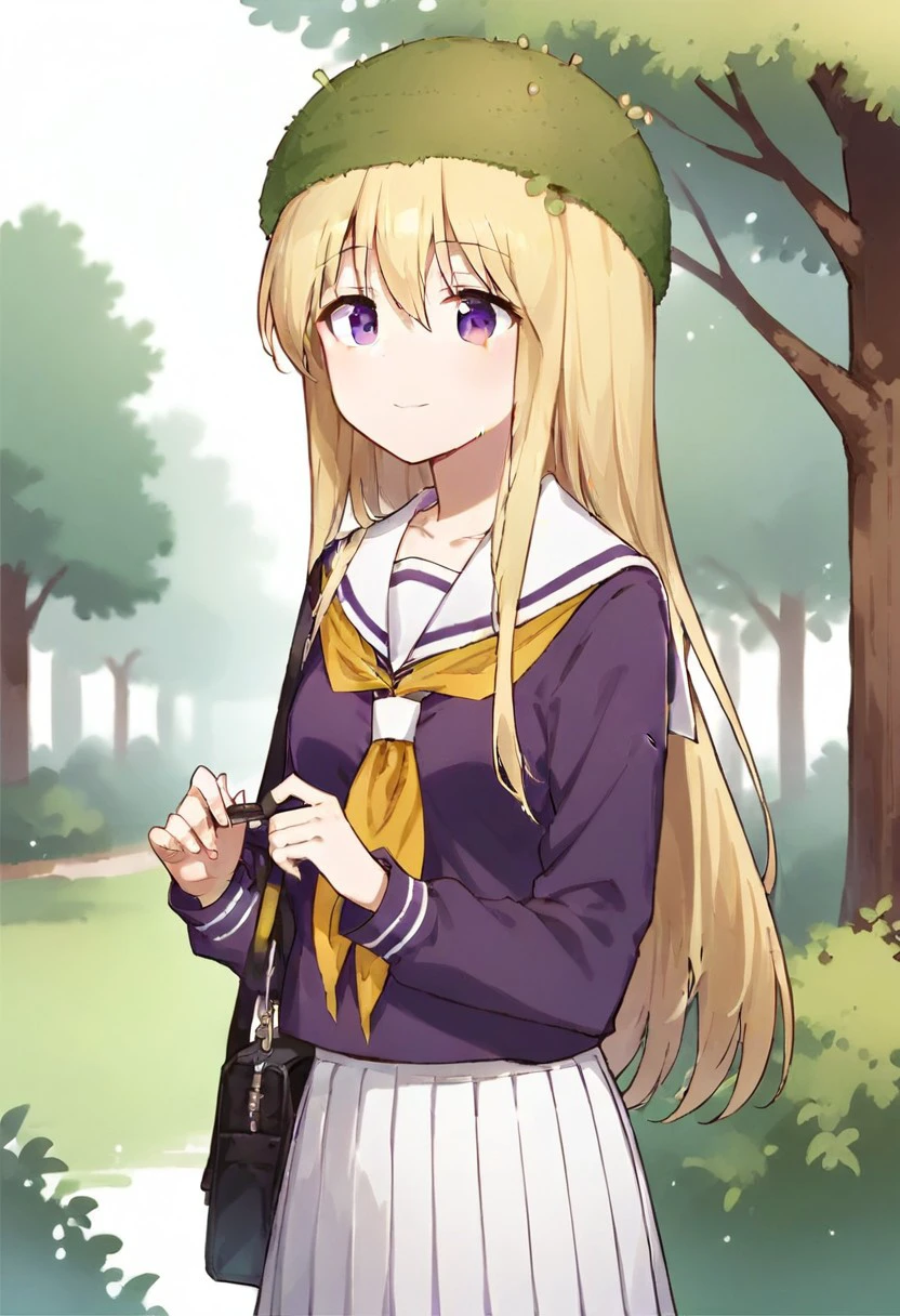 core_9, Score_8_up, Score_7_up, Miyubi_Shihio, long hair, blonde hair, moss on head, (purple eyes: 1.2), skirt, school uniform, pleated skirt, serafuku, white skirt, shirt, purple shirt, sailor collar, white sailor collar, long sleeves, handkerchief, yellow handkerchief, smile, park