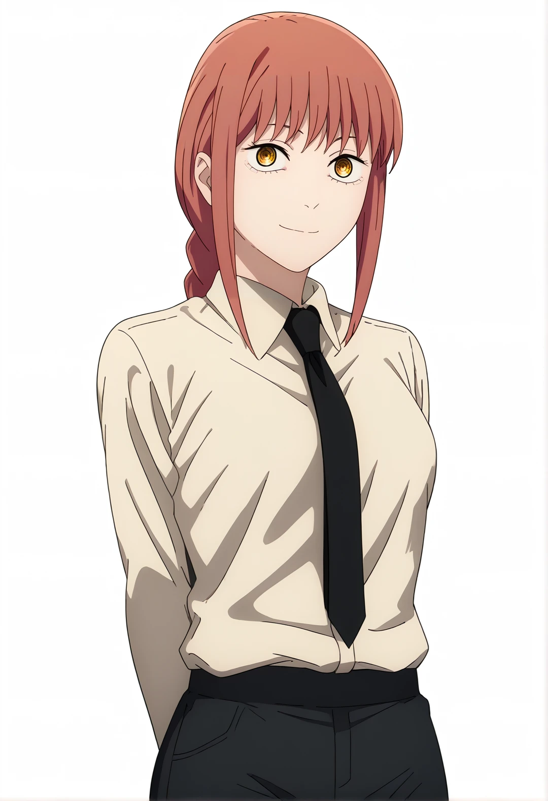 score_7_up, BREAK source_anime, MakimaV4XL, 1girl, solo, necktie, black necktie, shirt, black pants, pants, white background, simple background, white shirt, collared shirt, looking at viewer, smile, arms behind back, shirt tucked in, standing, long sleeves, closed mouth, medium breasts, cowboy shot, <lora:MakimaV9XL-TEST4REAL:1>