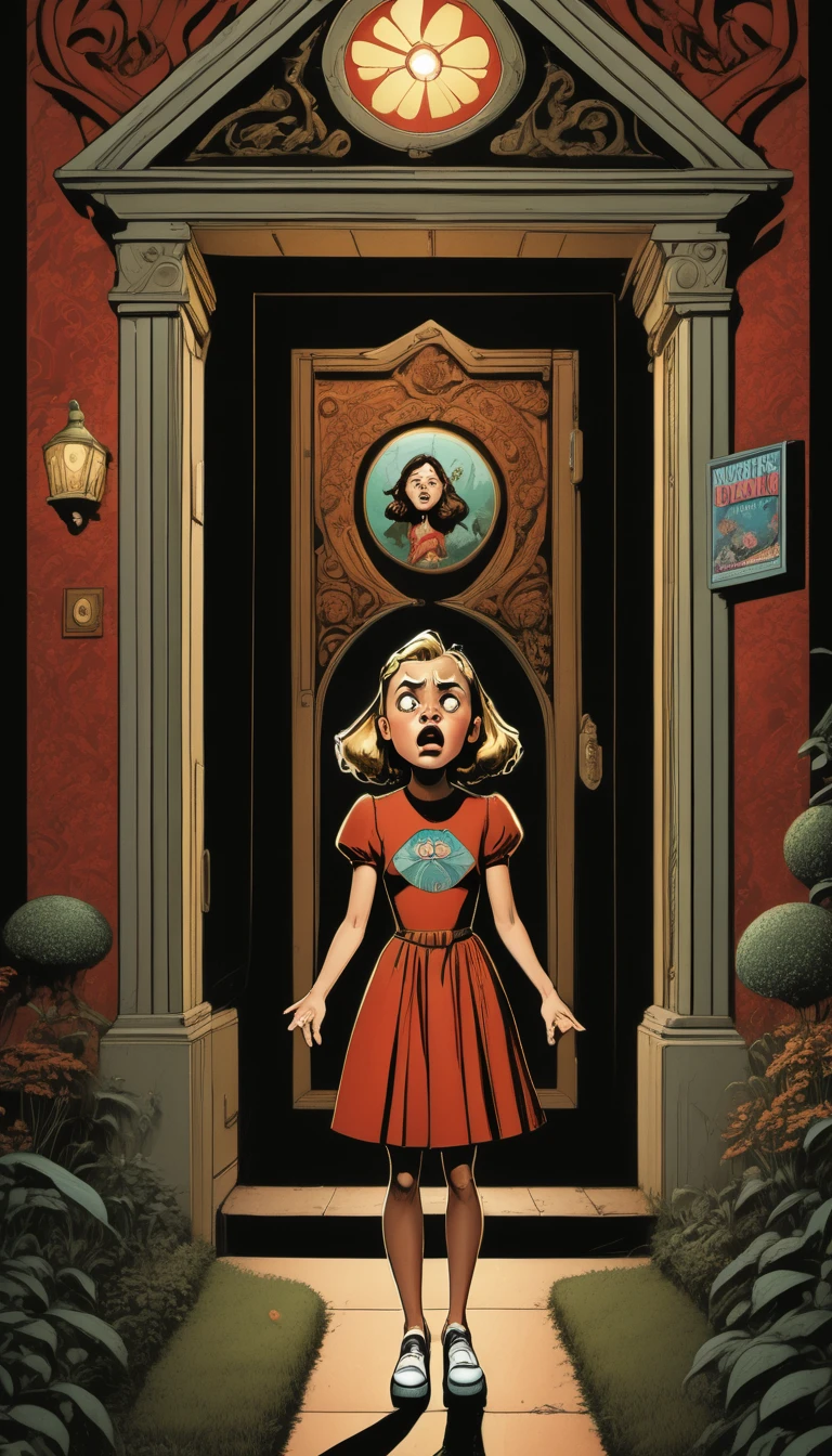 <lora:MeanNelly_Pony_XL:1> A MeanNelly girl stands horrified in front of a glowing ornate door in a garden setting during dusk. The building has colorful posters on its side. Red dress.