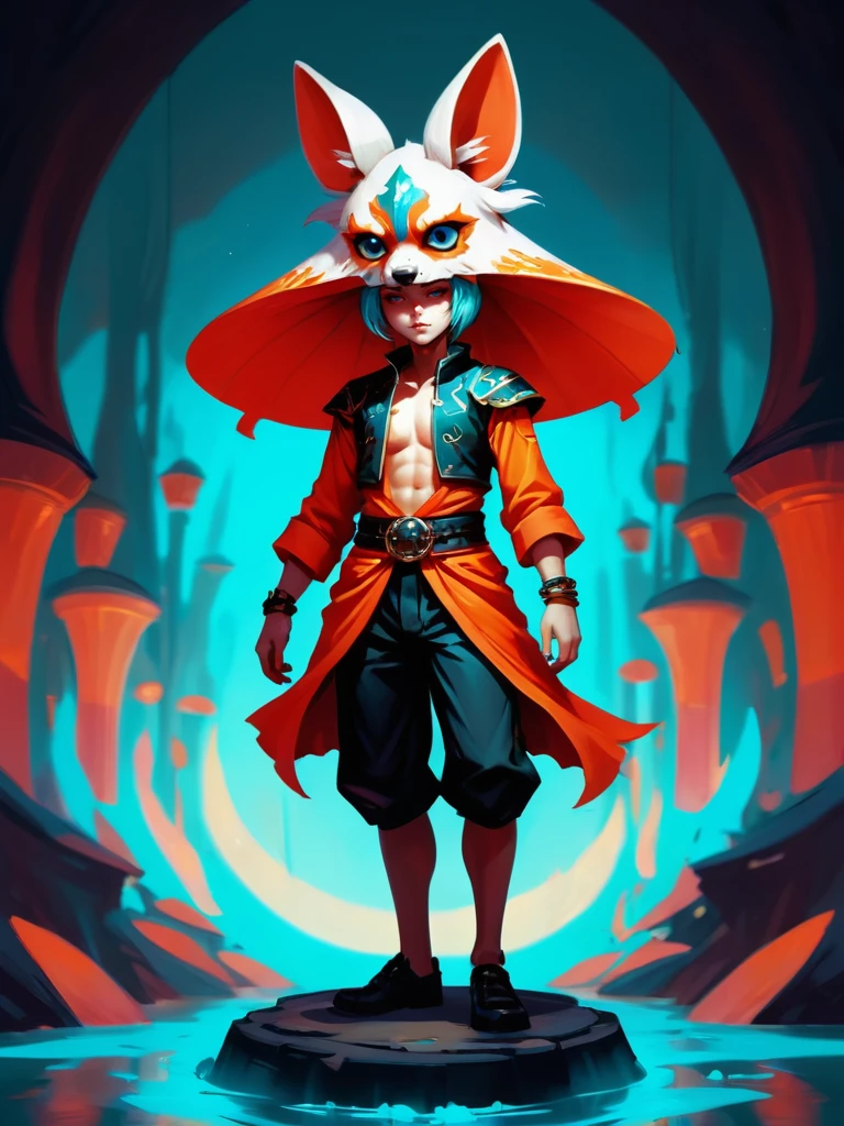 digital painting, anime, idyllic gothic surreal, kitsune man, (full body:1.2), 1boy, man, solo, [:outlandish costume design,:0.2] night club owner, (tribal ring mail shield:1.4), caucasian, aqua hair, (athletic:1.2) build, amazing fantasy megastructure outside of time<lora:EnvyMushroomWorldXL01:1>