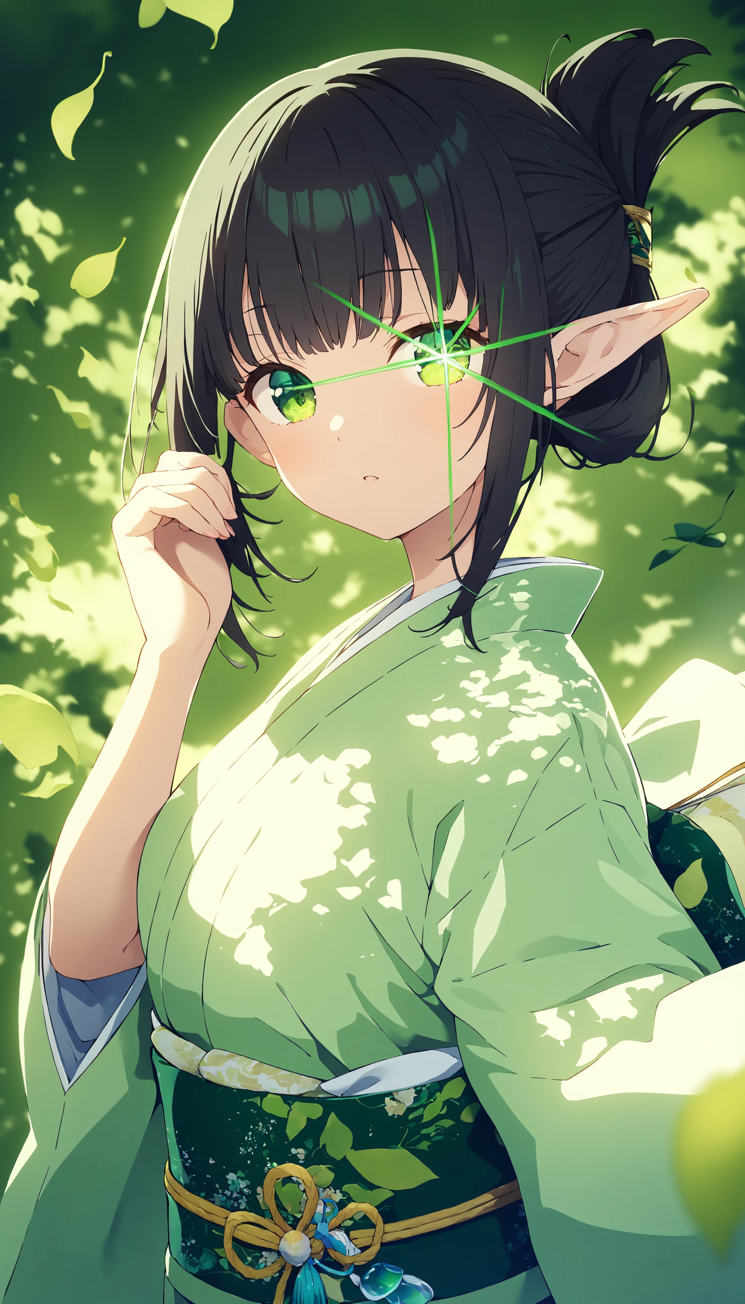 1girl,[hyuuga azuri,torino aqua | kamo kamen,mamyouda],
solo,green theme,elf,folded ponytail,furisode,glowing,looking at viewer,leaf,wind,
<lora:stareye starlight_XL_bx-v1.02:1>,green stareye,
masterpiece,best quality,great quality,newest,recent,absurdres,