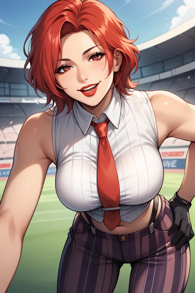 score_9, score_8_up, score_7_up, score_6_up, source_anime, BREAK masterpiece, <lora:VanessaKOF_V2:0.9> ,  VanessaKOF, red hair, short hair, sleeveless shirt, red necktie, black gloves, navel, striped pants,  stadium, open mouth, seductive smile,  close-up, upper body,  red lips, hand on own hip, leaning forward, close-up,