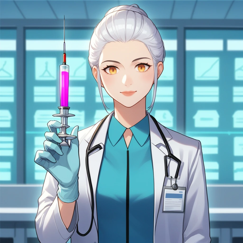 score_9, score_8_up, score_7_up, score_6_up, score_5_up, score_4_up, zPDXL2,source_anime,rating_questionable, 1girl, bust shot, doctor, labcoat, medical gloves, holding syringe, <lora:Medicine_Pills:0.8> med1c1nes, standing, laboratory