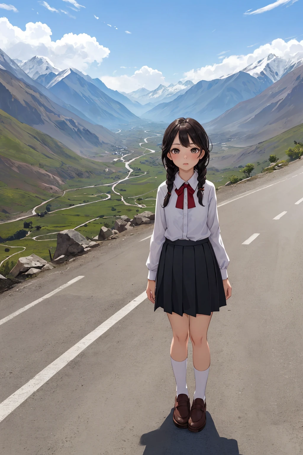 (depth of field:1.5),(full body shot:1.4),(high resolution:1.1) BREAK
(A dramatic landscape of the Karakoram Highway, a high mountain road in Pakistan:1.3) BREAK
1girl,(Dutch Braids:1.2) BREAK
Chima for Girls (Traditional Korean skirt for girls) BREAK