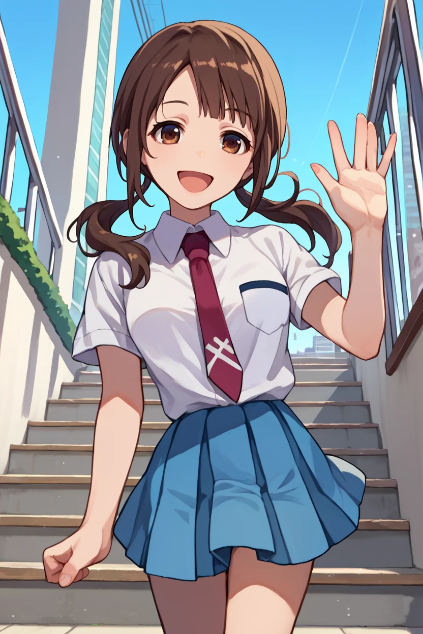 score_9, score_8_up, score_7_up, score_6_up, source_anime, 1girl, solo, <lora:okitasawa-pdxl-nvwls-v1-000006:1> okitasawa, brown hair, low twintails, white shirt, short sleeves, red necktie, blue skirt, waving, open mouth, happy, looking at you, city, blue sky, stairs