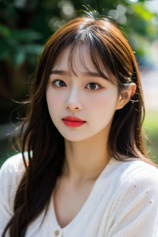 masterpiece, best quality, ultra-detailed, ultra high res, (photorealistic:1.4), raw photo, (realistic:0.2), 8k HDR, realistic lighting, 1girl, solo, asymmetrical hair, outdoors, bokeh, (detailed lips), (detailed pores), (detailed skin textures), (detailed face:1.2), (upper body:1.3), cardigans,