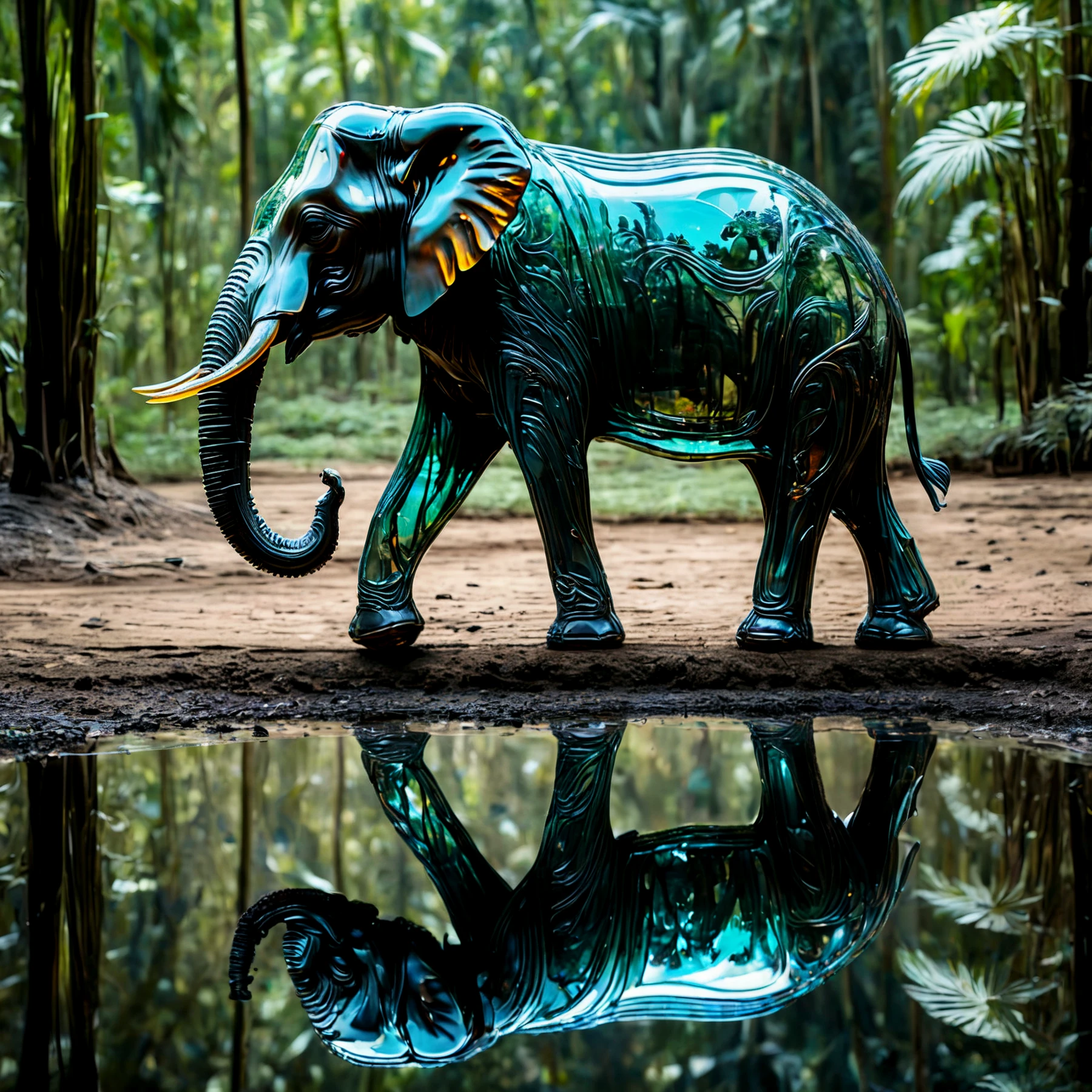 An elephant made of glass. In the jungle. Walking on a dirt track.

<lora:LiquidGlass01_CE_SDXL:0.8> LiqGlassCE