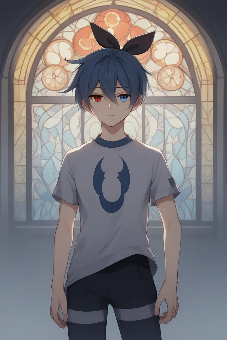 score_9, score_8_up, score_7_up, best quality, masterpiece, absurdes, ADDCOMM (dark_sig, heterochromia, solo, 1boy, male focus:1.1) blue hair, short hair, hair bow:1.2 BREAK abandoned church with stained glass BREAK dark_sig, heterochromia, male focus, 1boy, solo, red eyes, blue eyes, black hair, black pants, shirt, expressionless, aura