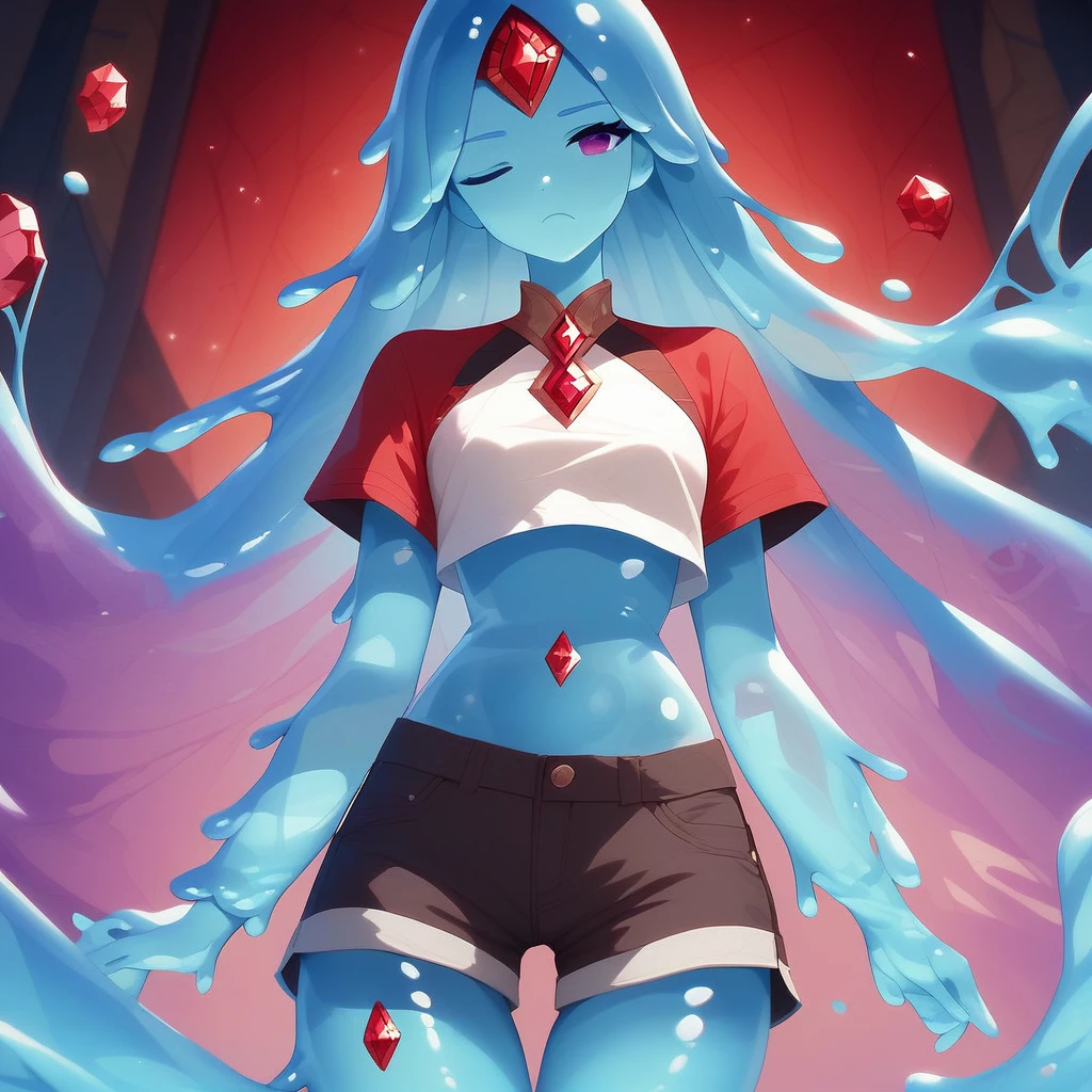 red gemstone, purple eyes, slime girl, one eye closed, solo, shorts, long hair, gem, crop top, thigh gap, Magic core, forehead jewel