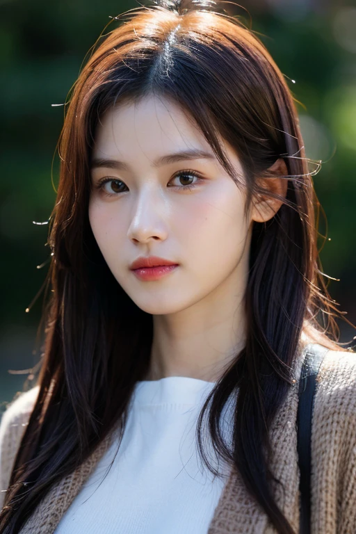 masterpiece, best quality, ultra-detailed, ultra high res, (photorealistic:1.4), raw photo, (realistic:0.2), 8k HDR, realistic lighting, 1girl, solo, asymmetrical hair, outdoor, bokeh, (detailed lips), (detailed pores), (detailed skin textures), (detailed face:1.2), (upper body:1.3) cardigans,