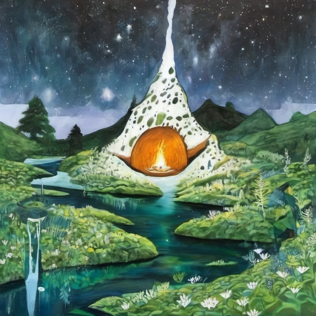 <lora:HuemanAboreal-000008:1>, HuemanAboreal, Nature Night Photography Painting, green moss cave, fire, deer, eye of providence, landscape, abstract nature art, blue river, white snowcap mountains, art by gregory euclide, milky way, stars in the night sky