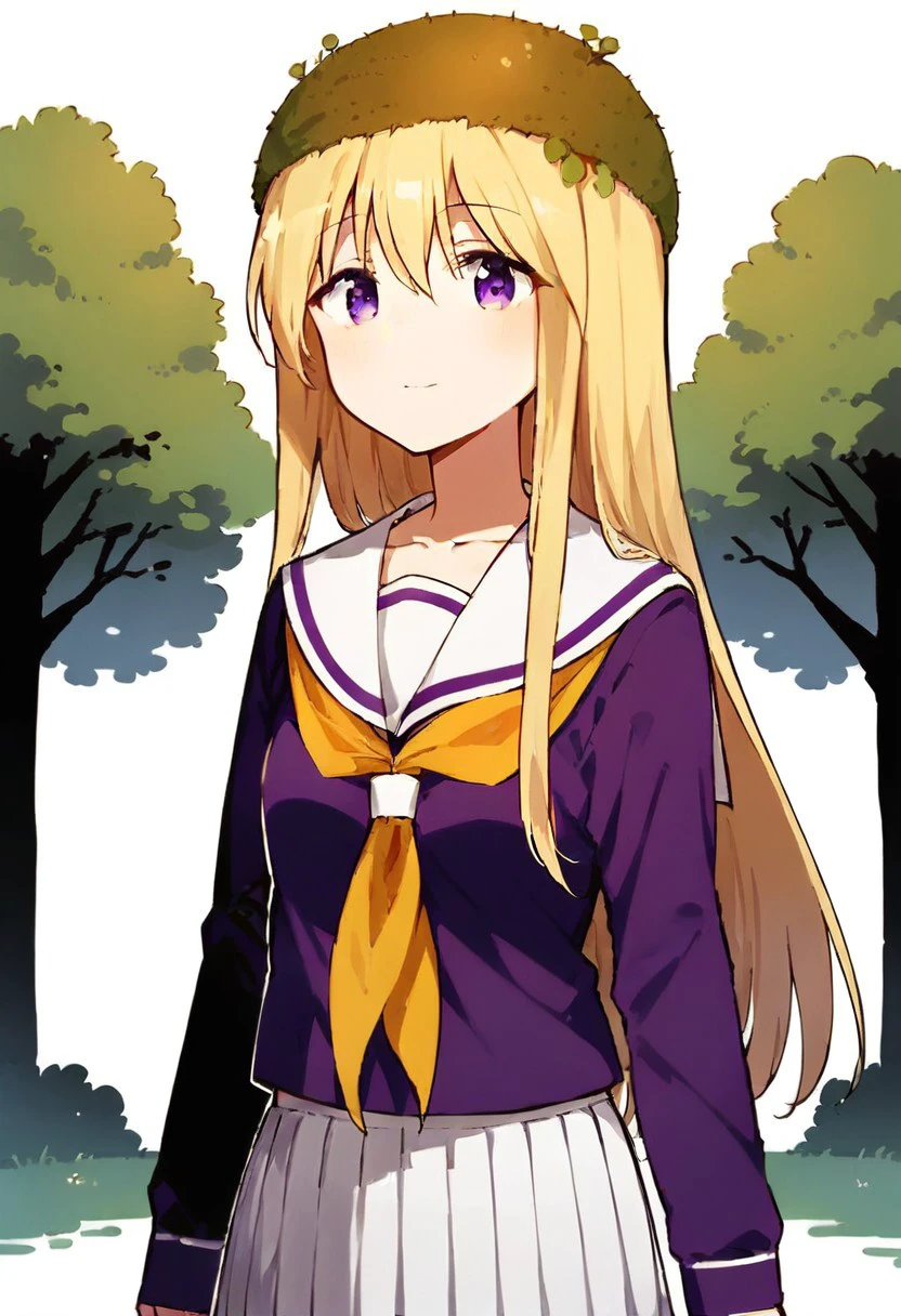 core_9, Score_8_up, Score_7_up, Miyubi_Shihio, long hair, blonde hair, moss on head, (purple eyes: 1.2), skirt, school uniform, pleated skirt, serafuku, white skirt, shirt, purple shirt, sailor collar, white sailor collar, long sleeves, handkerchief, yellow handkerchief, smile, park