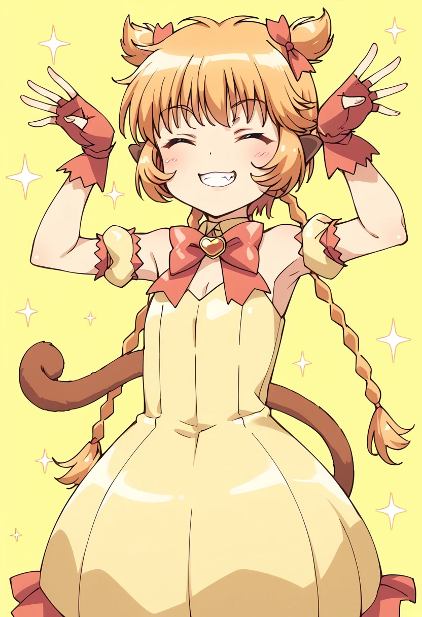 score_9, score_8_up, score_7_up, source_anime, BREAK
mew pudding, 1girl, solo, closed eyes, twin braids, smile, blonde hair, long hair, grin, outstretched arms, :3, wrist cuffs, puffy detached sleeves, spread arms, detached sleeves, orange hair, twintails, flat chest, bare shoulders, brown hair, yellow background, sparkle, simple background, monkey ears, two side up, monkey tail, blush, ^ ^, hair ornament, happy, upper body, bowtie, eyebrows visible through hair, armpits, facing viewer, teeth, wristband, red bow, hair ribbon, puffy short sleeves, yellow theme, short hair, bangs, hair bow, fingerless gloves, choker, brooch, orange tail, anime coloring, yellow dress, red gloves, strapless, arm garter
<lora:mew_pudding_fong_pudding_sdxl_locon_pony_v1:0.7>