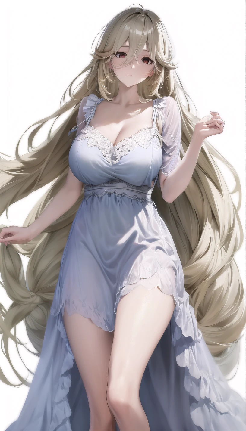 light blonde hair, 
(nightgown:1.28),
lady,milf,mature female,
(white background,simple background:1.18),
highres,official art,original,masterpiece,best quality,
(large breasts),
<lora:alexandrina1:1.2>