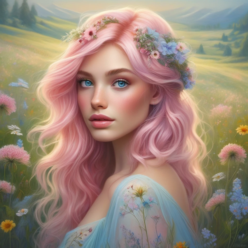 an ethereal portrait of a young woman with pastel pink hair styled in loose waves. She has bright blue eyes and is wearing a flowing, fairy-tale inspired gown, standing in a meadow filled with wildflowers