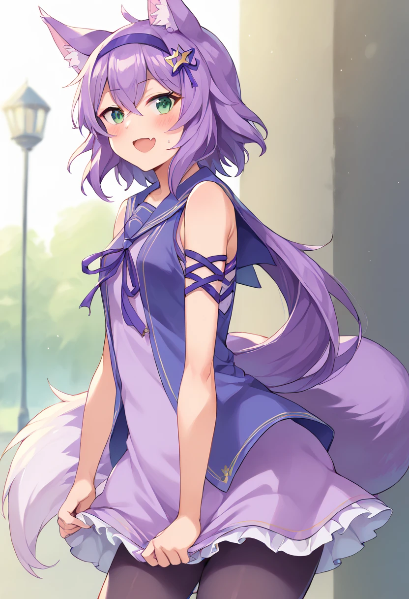 score_9,score_8_up,score_7_up,source_anime,masterpiece,best quality,game cg,1girl,solo,little_girl,ruhuyu_(show_by_rock!!),green eyes,purple hair,low ponytail,hairband,hair ornament,wolf ears,wolf tail,hair between eyes,<lora:ruhuyuSB69:1>,delmin_clo,frilled dress,(purple dress:1.1),sailor collar,sleeveless,pantyhose,<lora:delminSB69>,cowboy_shot,dynamic_angle,looking_at_viewer,flustered,smile,park,(skirt_hold:1.1),(skirt tug:1.1),open mouth,blush,