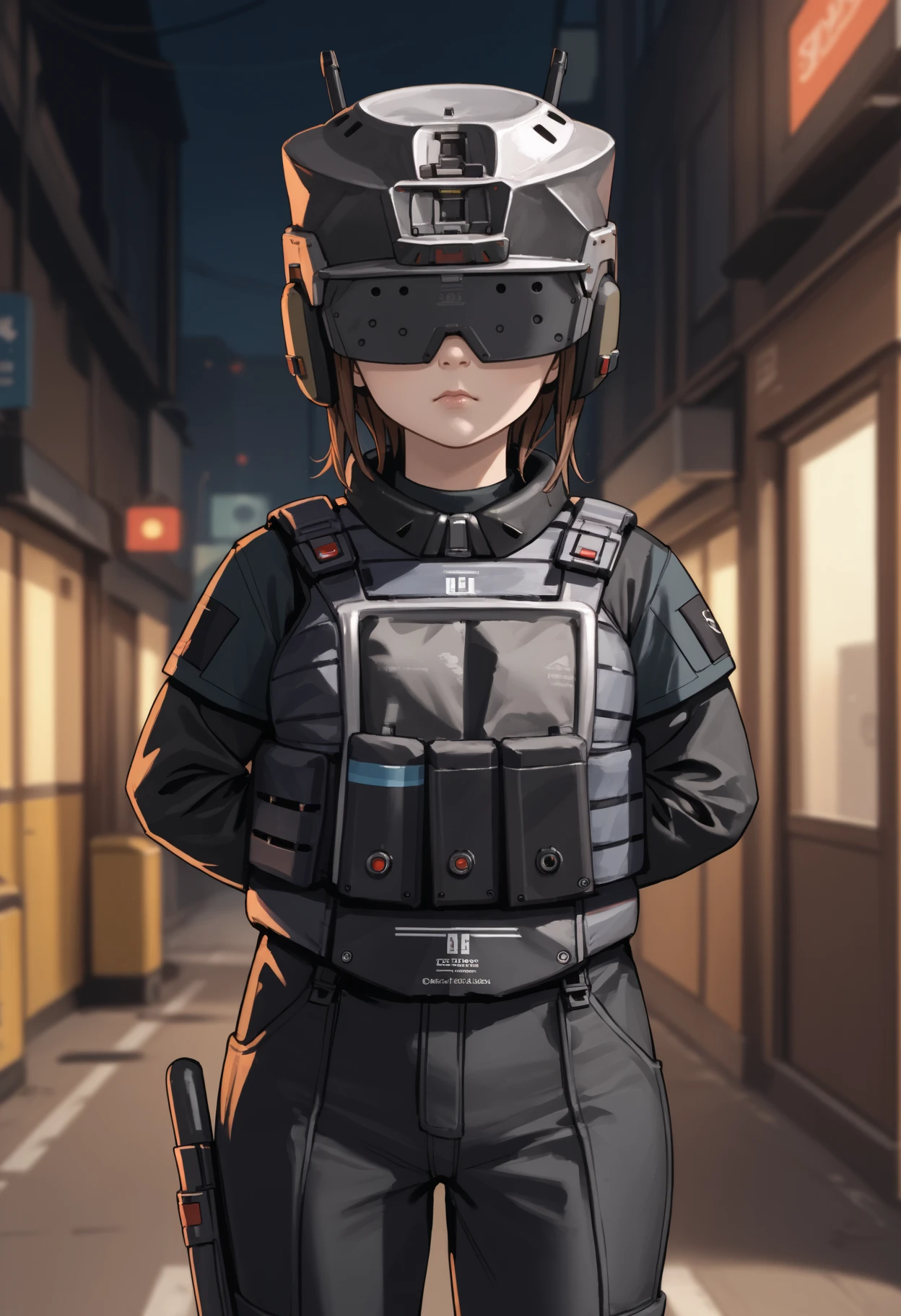 score_9, score_8_up, score_7_up, source_anime BREAK 1girl, solo, <lora:soldierow_lumi-nikke-richy-v1_pdxl:1> sdlrow, covered eyes, brown hair, short hair, helmet, black jacket, bulletproof vest, tactical clothes, black pants, arms behind back, standing, closed mouth