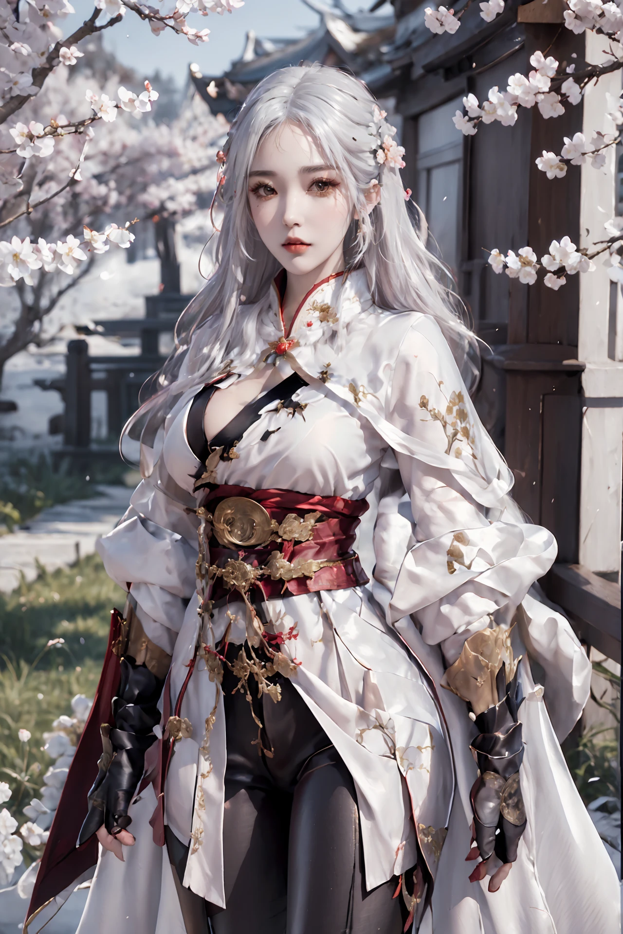 (masterpiece),(best quality),(ultra detailed),1girl,solo,hips up,upper body,detailed face,standing,closed mouth,naraka kungfu outfit,fur capelet,peach flower,cherry blossoms,black pants,accessories,sky,long hair,(white hair),<lora:naraka_kungfu_outfit:0.7>,<lora:nt4:0.6>,