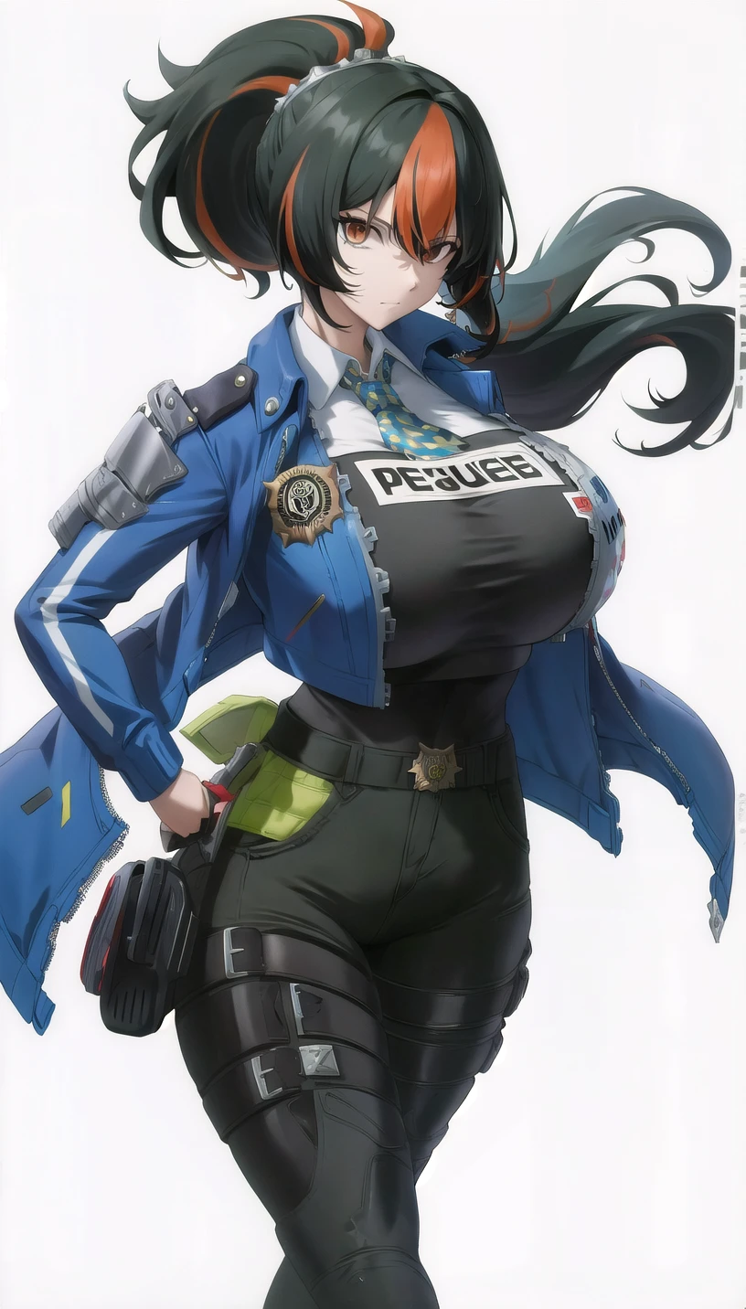 high ponytail, streaked hair,
blue jacket,black pants,police uniform,
(white background,simple background:1.18),
highres,official art,original,masterpiece,best quality,
(huge breasts),
<lora:zhuyuan2:0.8>