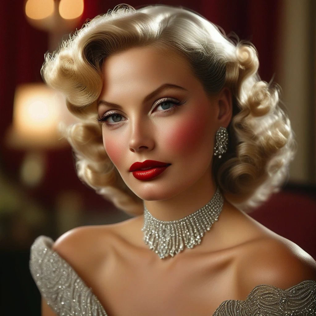 A glamorous vintage Hollywood portrait of a beautiful woman with wavy, shoulder-length blonde hair styled in classic 1940s curls. She wears a sparkling silver evening gown with intricate beading and a dramatic off-the-shoulder neckline. Her makeup is timeless with bold red lips, perfectly winged eyeliner, and arched eyebrows. The background is a softly blurred luxurious velvet curtain in deep burgundy, with warm, ambient lighting.