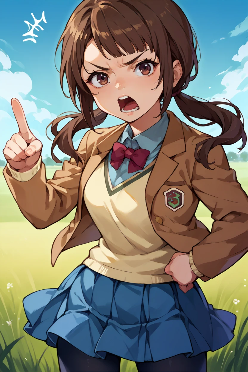 score_9, score_8_up, score_7_up, score_6_up, source_anime, 1girl, solo, <lora:okitasawa-pdxl-nvwls-v1-000006:1> okitasawa, brown hair, low twintails, brown jacket, yellow sweater vest, blue skirt, pantyhose, pointing at you, open mouth, annoyed, field, blue sky, arm at side