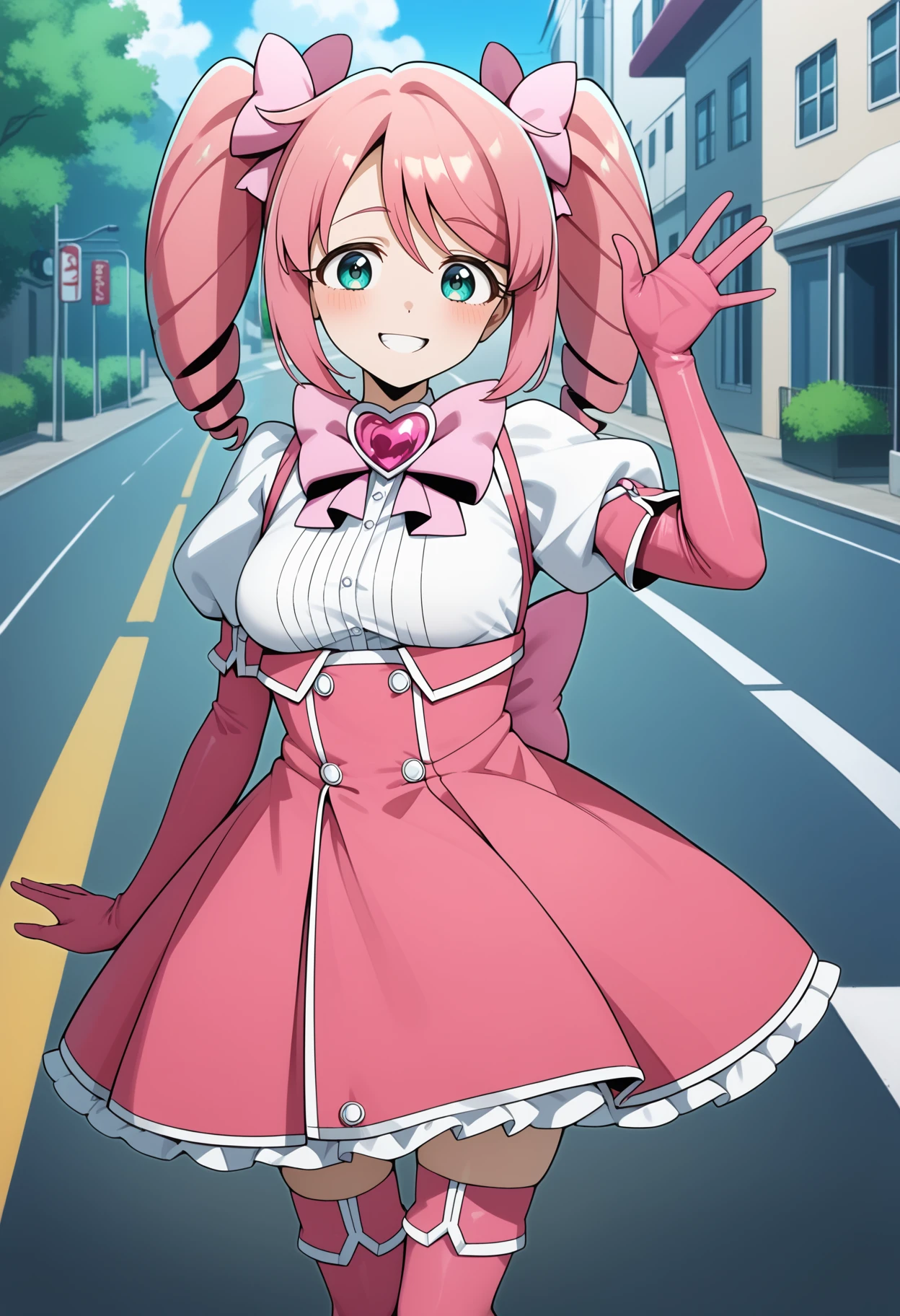 score_9, score_8_up, score_7_up, score_6_up, score_5_up, score_4_up, source_anime, aaharuka, pink hair, twintails, drill hair, aqua eyes, breasts, magical girl, pink bowtie, brooch, pink dress, white shirt, puffy sleeves, short sleeves, elbow gloves, pink gloves, frills, pink thighhighs, <lora:hanabishi_haruka_ponyxl_v1:0.9>, standing, cowboy shot, outdoors, road, street, waving, smile