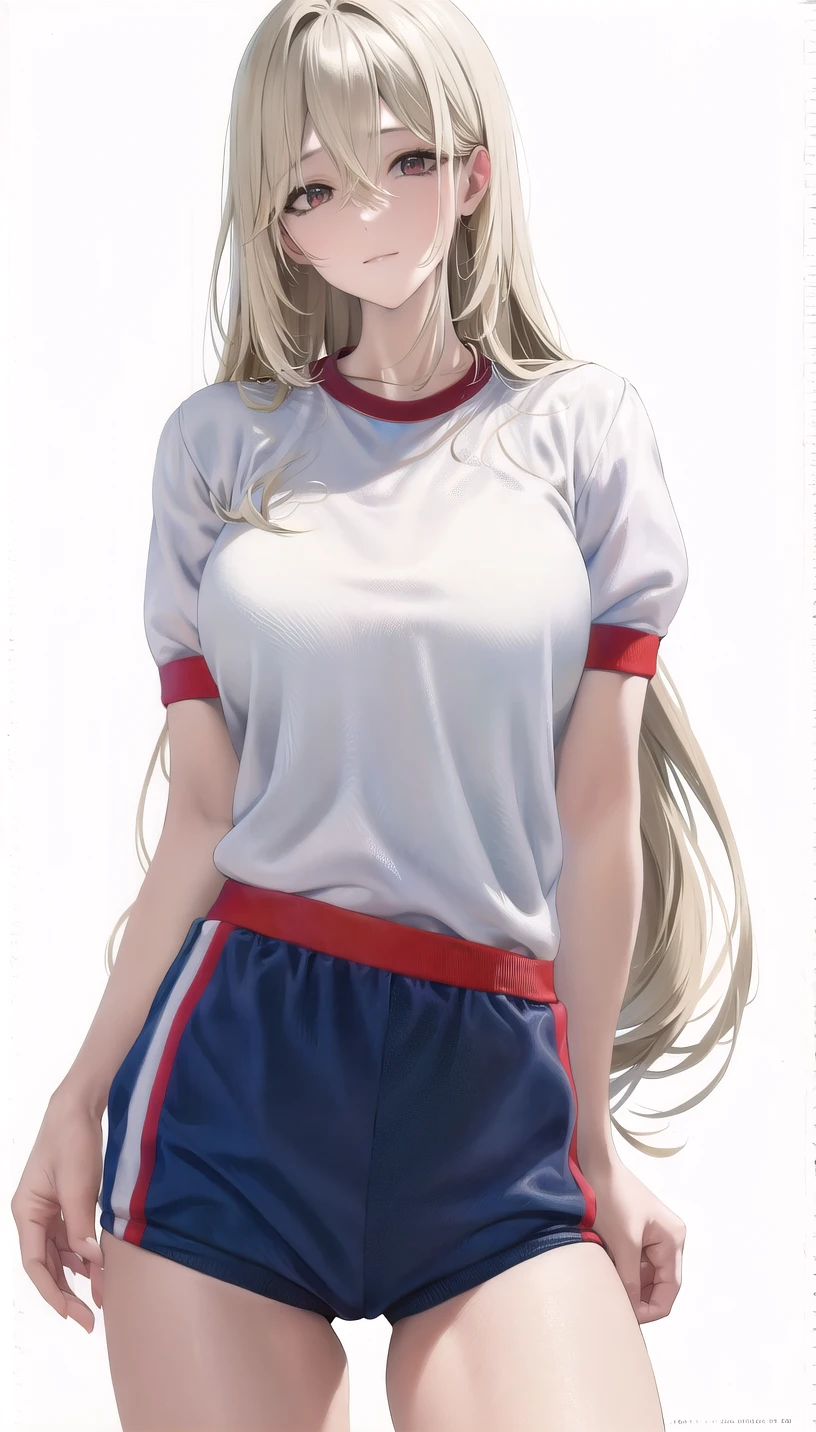 light blonde hair, 
(gym uniform:1.28),
lady,milf,mature female,
(white background,simple background:1.18),
highres,official art,original,masterpiece,best quality,
(large breasts),
<lora:alexandrina1:1.2>