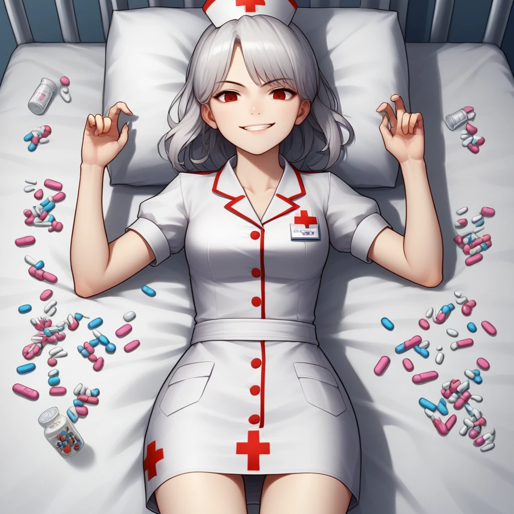 score_9, score_8_up, score_7_up, score_6_up, score_5_up, score_4_up, zPDXL2,source_anime,rating_questionable, 1girl, solo, cowboy shot, nurse uniform, on back, pills, pill, <lora:Medicine_Pills:0.8> med1c1nes, smile, smirk,