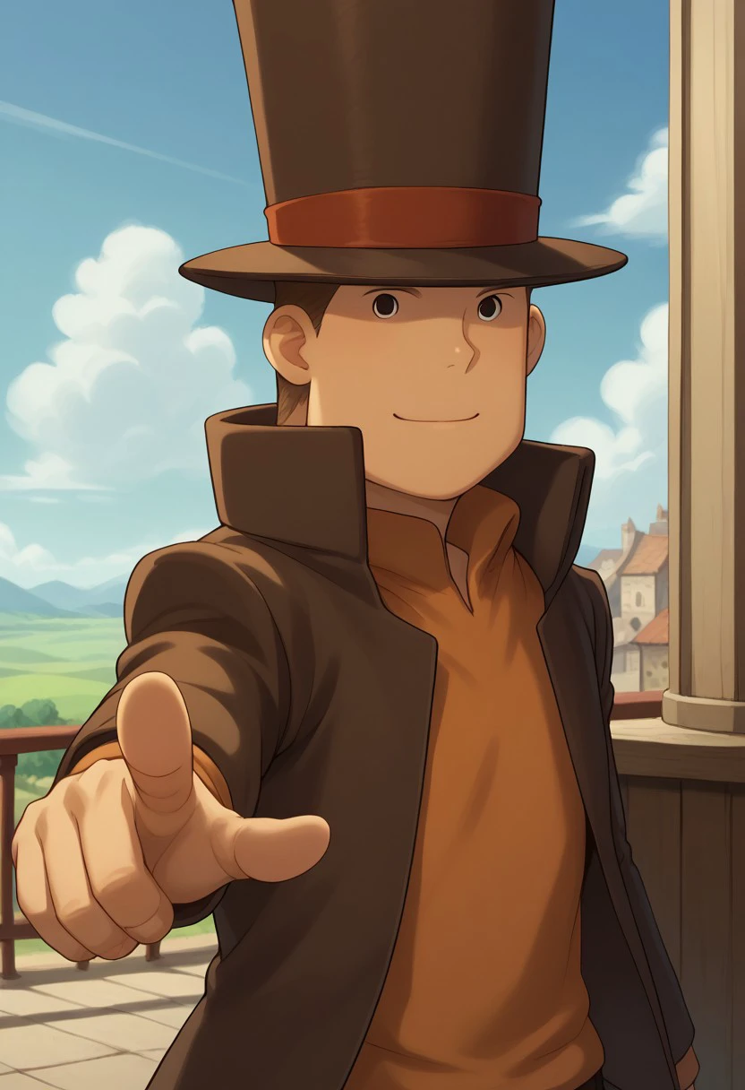 score_9, score_8_up, score_7_up, source_anime, highly detailed, 
proflayton, hat, solo, 1boy, male focus, pointing, top hat, brown hair, pointing at viewer, upper body, standing, smile, shirt, orange shirt, brown jacket, brown pants, closed mouth,
outdoor, sky, building, steampunk