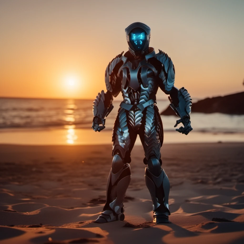 cinematic photo a full body portrait of robot, armor, helmet, fighting stance on the beach, sunset <lora:LIS-V3:0.8> . 35mm photograph, film, bokeh, professional, 4k, highly detailed