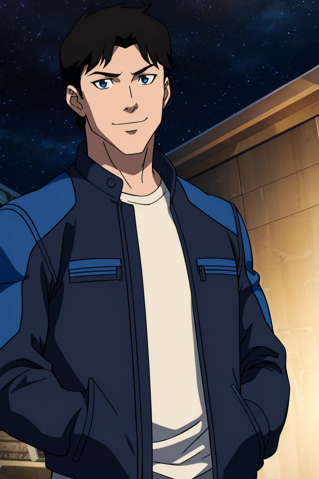 Nightwing,1boy,solo,starry sky,hands in pockets,black hair,short hair,male focus,blue eyes,jacket,blue jacket,open jacket,anime coloring,smile,,closed mouth,looking at viewer,masterpiece,best quality,8k,higres