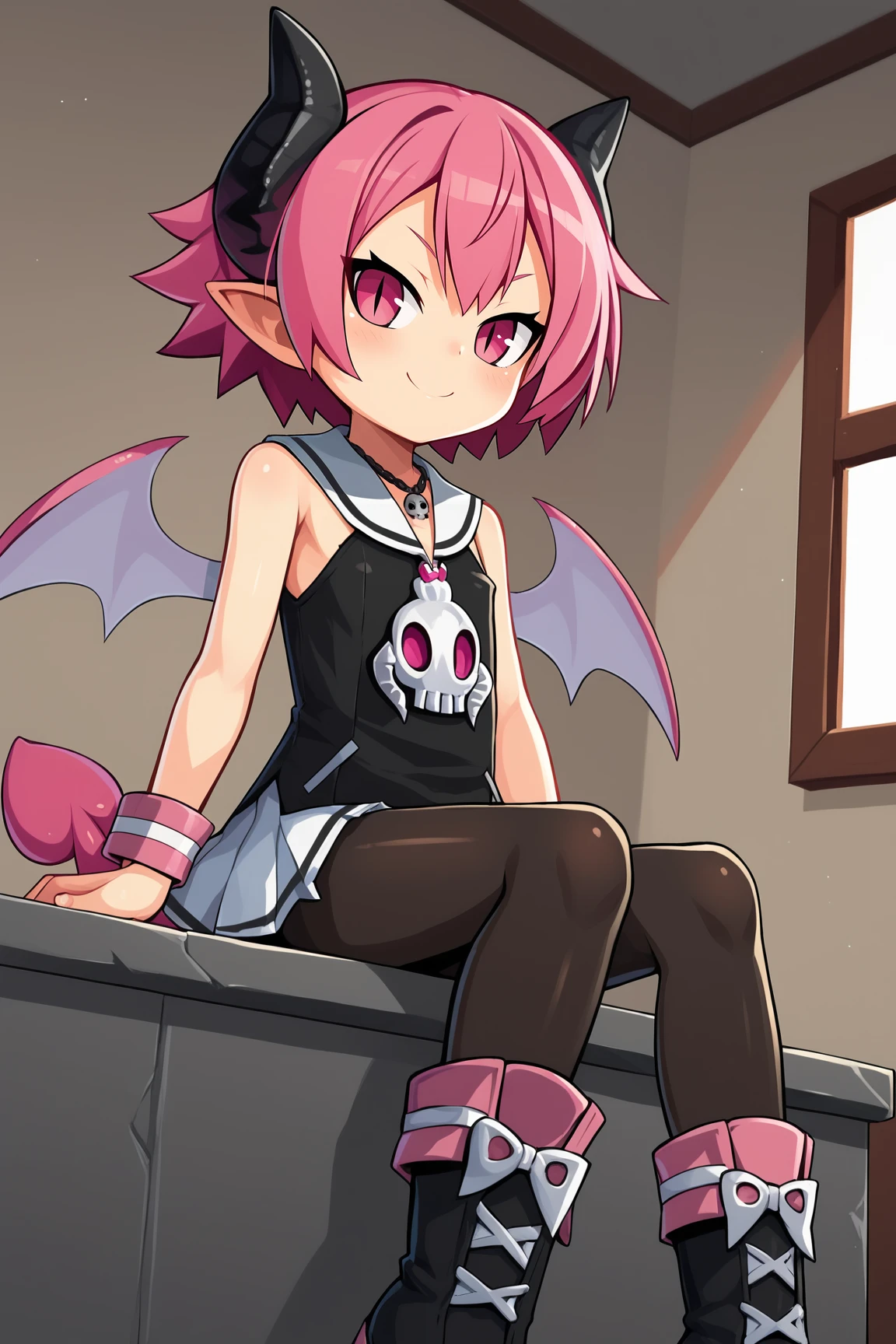 score_9, score_8_up, score_7_up, score_6_up, BREAK, RaspberylD3XL, slit pupils, pink eyes, pink hair, short hair, pointy ears, black horns, tail, flat chest, wings, necklace skull, bare shoulders, white sailor collar, black dress, pink wrist cuffs, white skirt, black pantyhose, black boots, solo, sitting, boots focus, feet close up, bellow view, seductive smile, looking at viewer, indoors <lora:RaspberylD3XL:0.8>