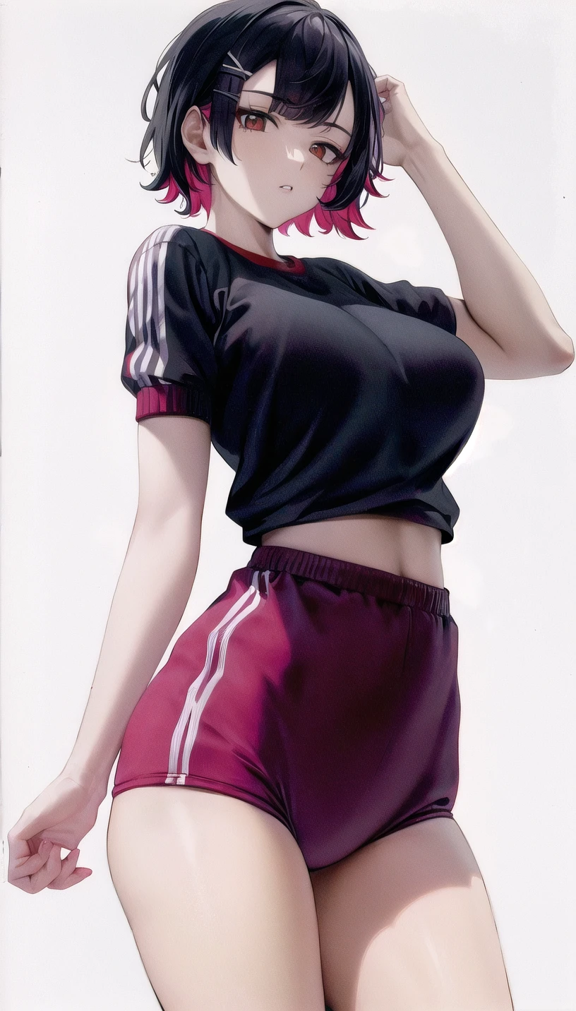 short hair,x_hairclip,
gym uniform,
milf,lady,mature female,
(white background,simple background:1.18),
highres,official art,original,masterpiece,best quality,
(large breasts:0.8),
<lora:ellen1:1>