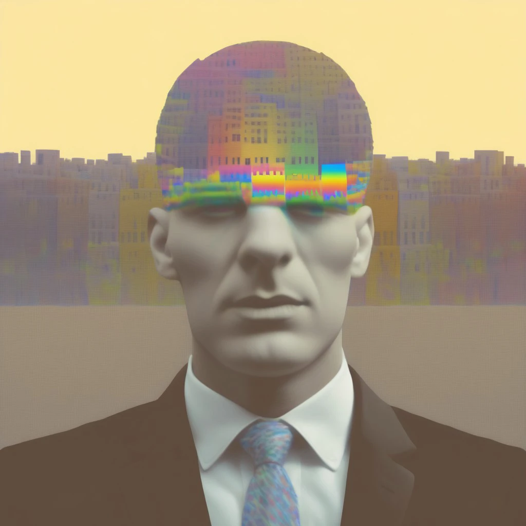 businessman, cityscape, grid, colorful