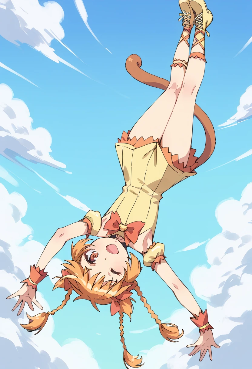 score_9, score_8_up, score_7_up, source_anime, BREAK
mew pudding, 1girl, solo, tail, upside-down, twin braids, blonde hair, cloud, open mouth, day, yellow dress, wrist cuffs, short hair, yellow footwear, orange legwear, socks, ribbon, brown eyes, long hair, falling, full body, cross-laced footwear, smile, brown hair, orange hair, flat chest, choker, twintails, flying, looking at viewer, outstretched arms, jumping, red eyes, ankle lace-up, blue sky, red bow, leg garter, monkey tail, cloudy sky, monkey ears, two side up,, legs, footwear ribbon, one eye closed, midair, wristband, yellow skirt, yellow eyes, garters, ass, :d, sleeveless, orange eyes, bowtie, kneehighs, short hair with long locks, spread arms, bare shoulders, puffy detached sleeves, closed eyes, detached sleeves, armpits, puffy sleeves, yellow leotard, strapless, outdoors, bridal garter, arms up, orange footwear, ^ ^, orange tail
<lora:mew_pudding_fong_pudding_sdxl_locon_pony_v1:0.7>