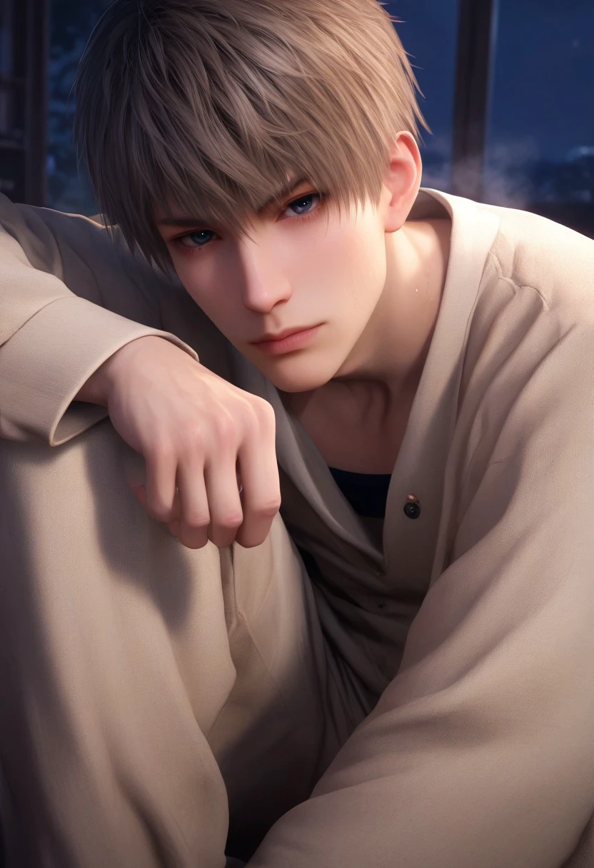 1boy, solo, male focus, slim toned male, xavier_(love_and_deepspace),( plum cheeks face, wide face, big eyes, wide eyes,:1.1) blond hair, short hair, bangs, pale skin, grey blue eyes, detailed eyes, satisfaction, satisfied, neutral, pensive face, smile, feminine, neutral expression, neutral eyebrow looks, band aids, band aid,
dark theme, intense shadow, intimidating, chest close to viewer, dark light, no light, dark out, shadow, pajamas, socks, long pants, sweaty hair, long sleeves, looking at viewer, in bed, aesthetic, night sweating, sweat, steaming, heavy breathing, front view, seductive, romantic, sleeping, clothes pull, relax rating PG, score_9,score_8_up,score_7_up, source_anime, male focus, manly, tall, detailed eyebrow, sharp eyebrows, focus on thigh, thigh focus, random view