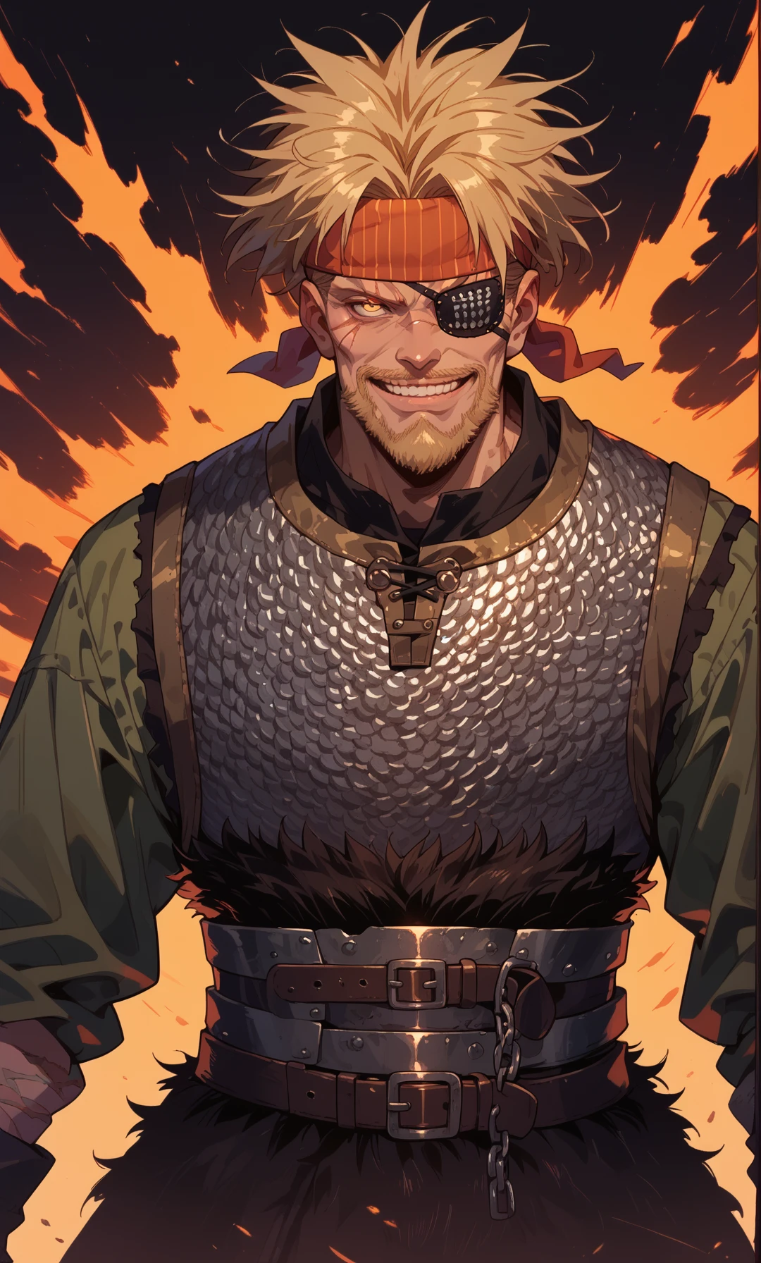 1boy, looking at viewer, smug, <lora:Thorkell:0.8> Thorkell, beard, (yellow eyes:1.15), chainmail armor, belt, headband, short green sleeves, eyepatch, scars <lora:Sinozick_Style_XL_Pony:0.7> sinozick style, flat color, dark theme, score_9, score_8_up, score_7_up, score_6_up