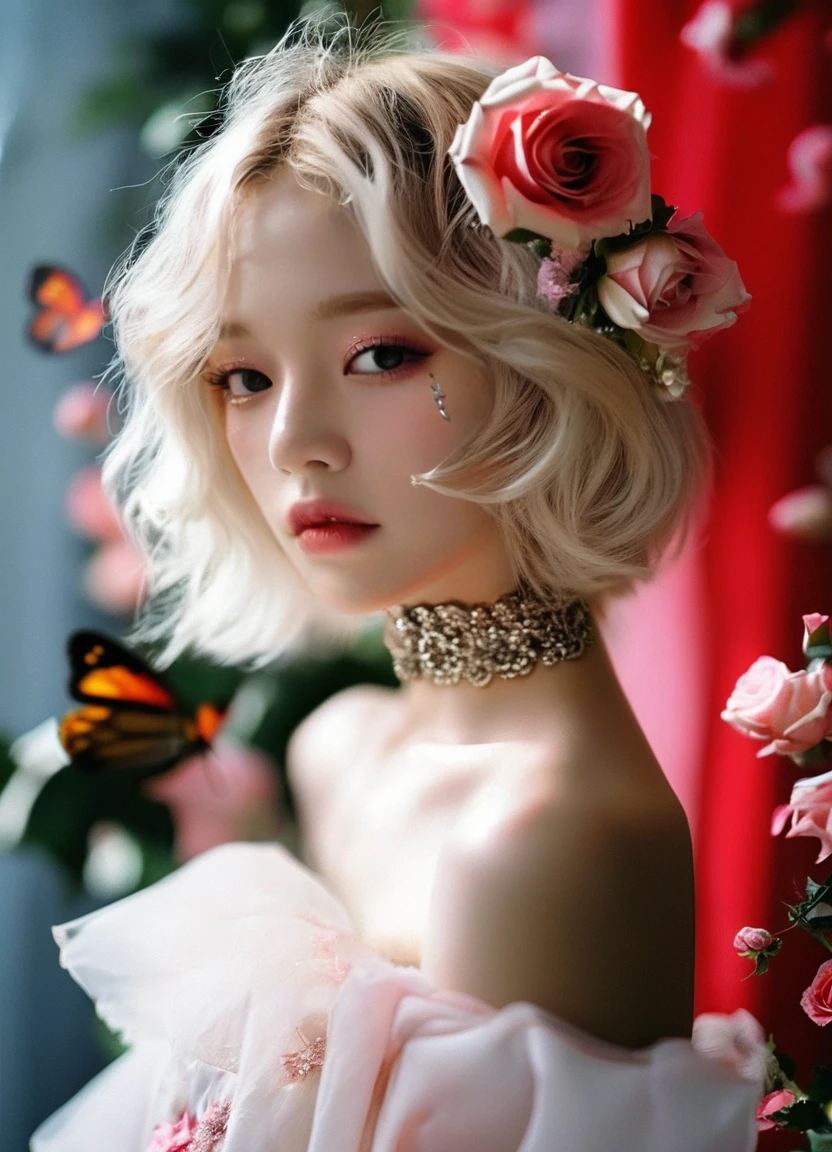 photorealistic, 1girl, blonde_hair, black eyes, bow, bug, butterfly, choker, curtains, dress, flower, hair_flower, hair_ornament, kiseru, pink_bow, pipe, red_flower, red_rose, rose, solo, white_butterfly, detailed background, film photography aesthetic, film grain, analog photography, japanese, 