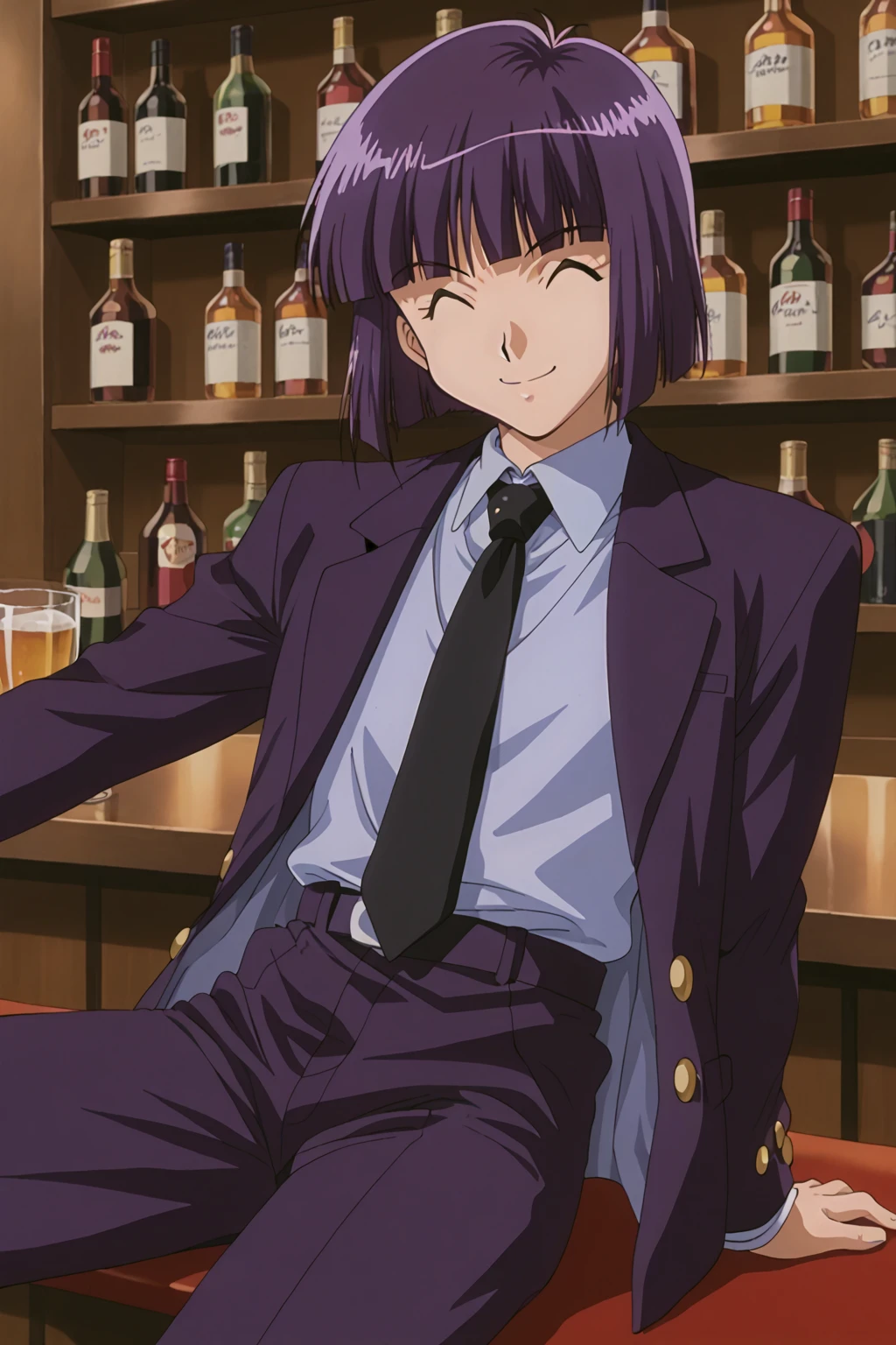 cowboy shot, retro art style, 1990s \(style\), Araizumi Rui, 1boy, solo, smile, short hair, smile, bangs, closed eyes, purple hair, blunt bangs, dynamic pose, formal style, purple jacket, shirt, tie, purple pants, sitting, bar,