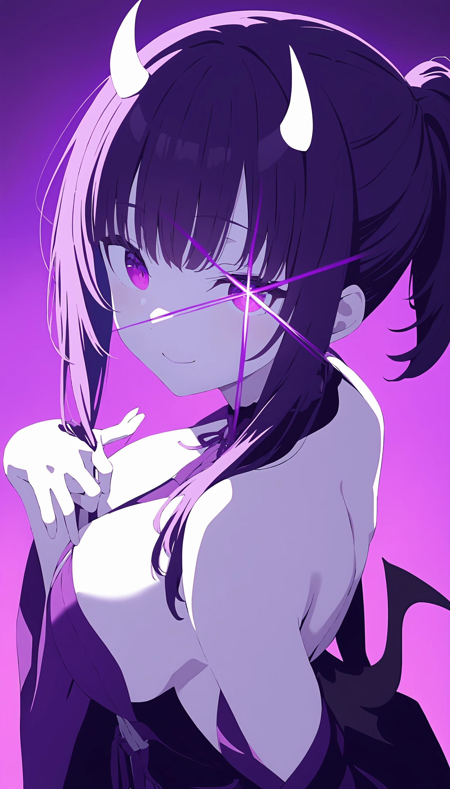 1girl,[hyuuga azuri,torino aqua | kamo kamen,mamyouda],
solo,purple theme,demon girl,demon horns,seductive smile,short ponytail,wide_sleeves,glowing,looking at viewer,
<lora:stareye starlight_XL_bx-v1.02:1>,purple stareye,
masterpiece,best quality,great quality,newest,recent,absurdres,